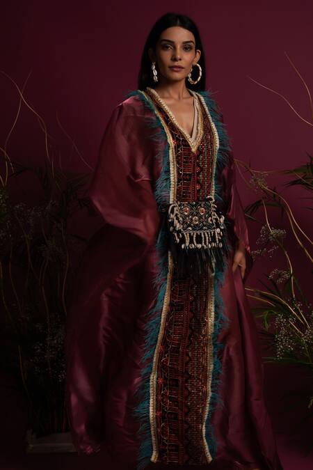 tara thakur Red Organza Feathers V-neck Embellished Kaftan Dress Online at Aza Fashions tara thakur_Red Organza Feathers V-neck Embellished Kaftan Dress _Online_at_Aza_Fashions