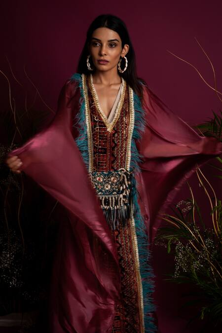 Buy tara thakur Red Organza Feathers V-neck Embellished Kaftan Dress Online at Aza Fashions Buy_tara thakur_Red Organza Feathers V-neck Embellished Kaftan Dress _Online_at_Aza_Fashions