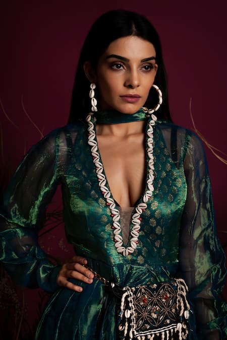 Buy_tara thakur_Green Organza Embroidery V-neck Woven Floral Slit Dress With Bodysuit _Online_at_Aza_Fashions