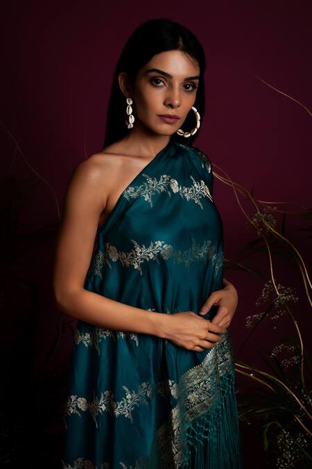 Buy_tara thakur_Green Brocade Embroidery One Shoulder Asymmetric Woven Zari Top With Pant _Online_at_Aza_Fashions