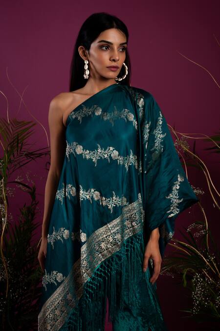 Shop_tara thakur_Green Brocade Embroidery One Shoulder Asymmetric Woven Zari Top With Pant _Online_at_Aza_Fashions