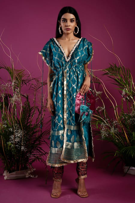 tara thakur_Green Brocade Embroidery V-neck Zari Front Tie Top With Cuff Pant _Online_at_Aza_Fashions