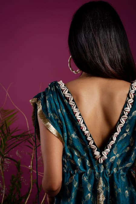 Shop_tara thakur_Green Brocade Embroidery V-neck Zari Front Tie Top With Cuff Pant _Online_at_Aza_Fashions