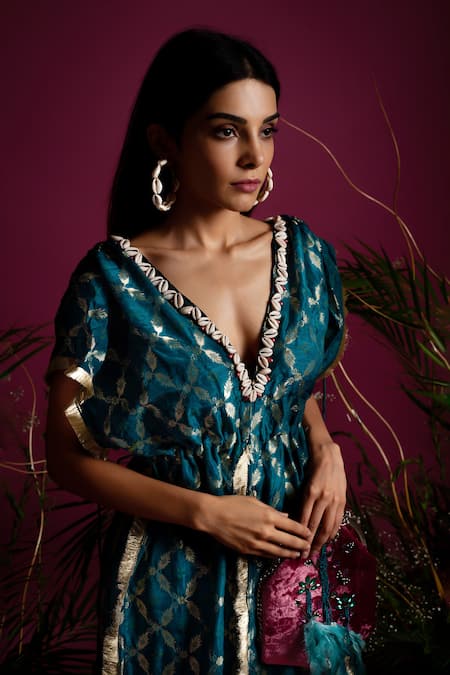 tara thakur_Green Brocade Embroidery V-neck Zari Front Tie Top With Cuff Pant _at_Aza_Fashions