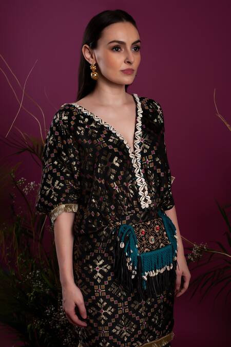 tara thakur_Black Brocade Fringe V-neck Woven Geometric Kaftan Dress _Online_at_Aza_Fashions