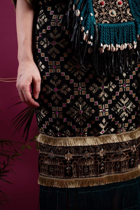 Shop_tara thakur_Black Brocade Fringe V-neck Woven Geometric Kaftan Dress _Online_at_Aza_Fashions