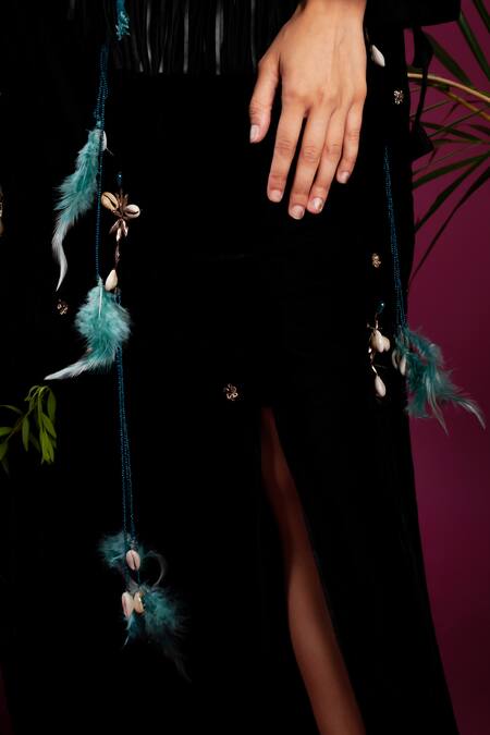 Buy_tara thakur_Black Velvet Fringe, Embroidery Keyhole Neck Conch Shell Top With Pant _Online_at_Aza_Fashions