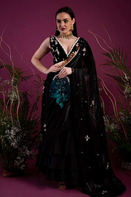 tara thakur Black Embroidered Conch Shell Embellished Pre Draped Saree With Blouse  