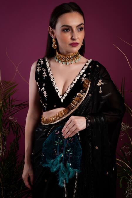 tara thakur_Black Silk Embroidery Conch Shell Embellished Pre Draped Saree With Blouse _Online_at_Aza_Fashions