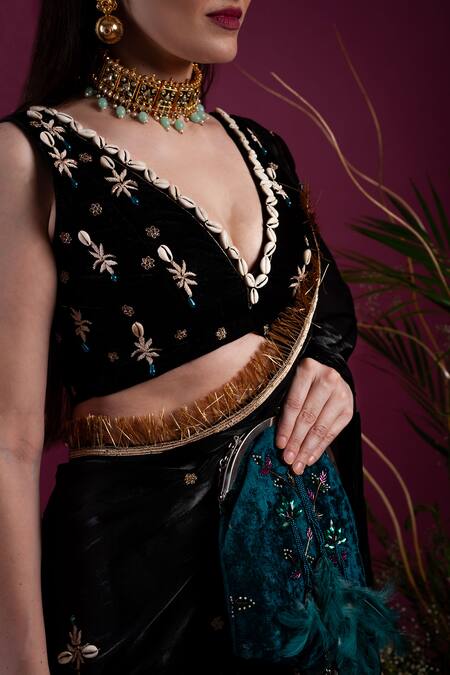 Buy_tara thakur_Black Silk Embroidery Conch Shell Embellished Pre Draped Saree With Blouse _Online_at_Aza_Fashions