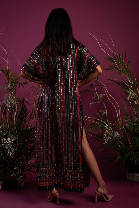 Shop_Tara Thakur_Multi Color Sequins V-neck Stripe Print Kaftan _at_Aza_Fashions