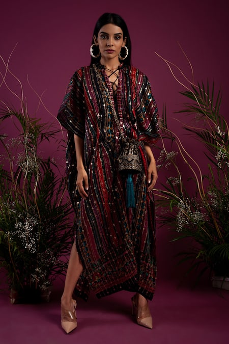 Tara Thakur_Multi Color Sequins V-neck Stripe Print Kaftan _Online_at_Aza_Fashions