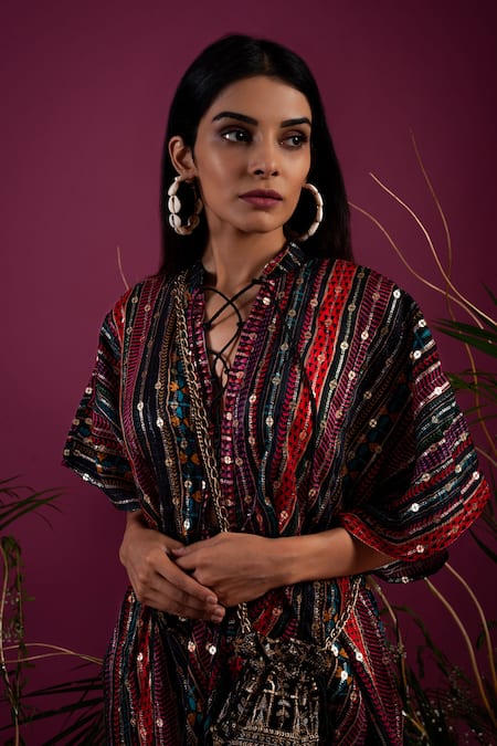 Buy_Tara Thakur_Multi Color Sequins V-neck Stripe Print Kaftan _Online_at_Aza_Fashions