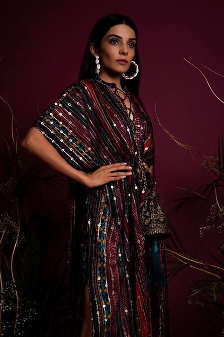 Shop_Tara Thakur_Multi Color Sequins V-neck Stripe Print Kaftan _Online_at_Aza_Fashions