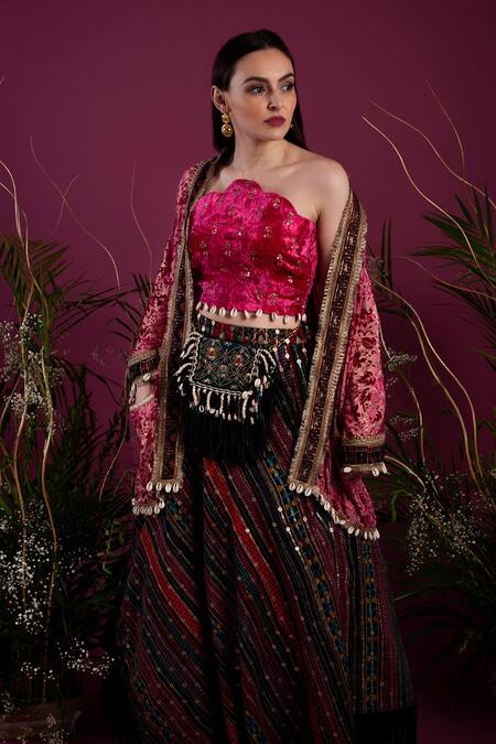tara thakur_Fuchsia Velvet Sequins Open Neck, Floral Pattern Jacket Stripe Print Lehenga Set _Online_at_Aza_Fashions