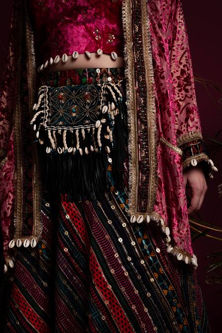 Shop_tara thakur_Fuchsia Velvet Sequins Open Neck, Floral Pattern Jacket Stripe Print Lehenga Set _Online_at_Aza_Fashions