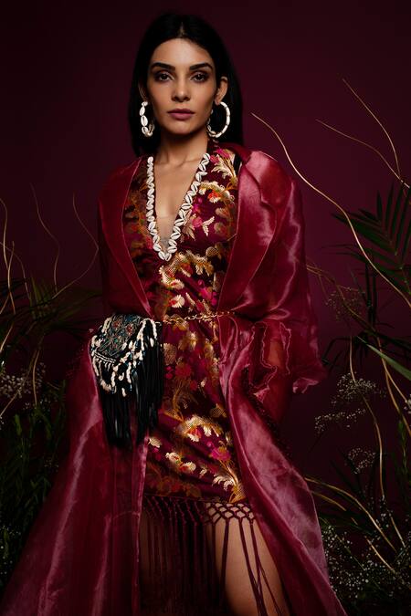 tara thakur_Fuchsia Brocade Embroidery V-neck, Collared Sheer Jacket With Woven Floral Dress _Online_at_Aza_Fashions