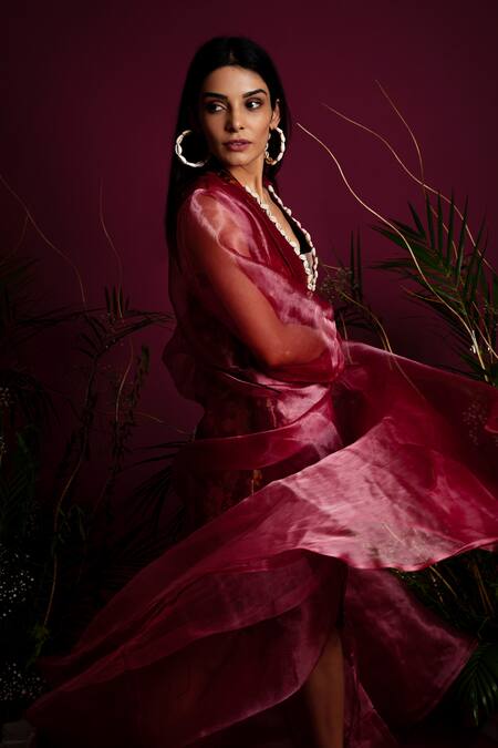 Buy_tara thakur_Fuchsia Brocade Embroidery V-neck, Collared Sheer Jacket With Woven Floral Dress _Online_at_Aza_Fashions