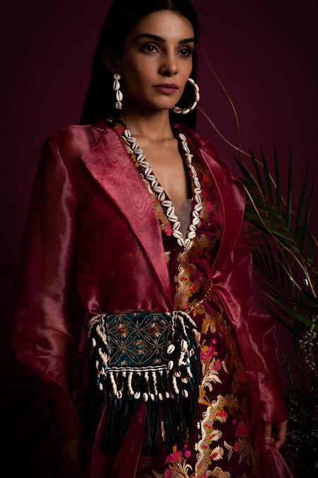 Shop_tara thakur_Fuchsia Brocade Embroidery V-neck, Collared Sheer Jacket With Woven Floral Dress _Online_at_Aza_Fashions