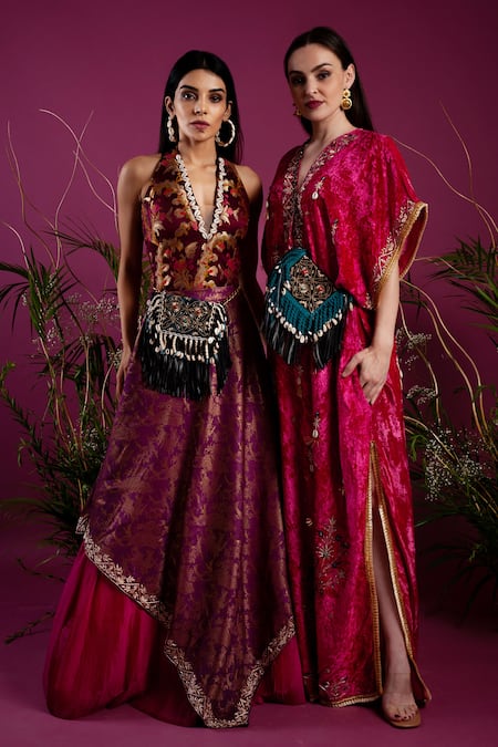 tara thakur_Fuchsia Brocade Beads, Embroidery Layered Lehenga With Bodysuit _Online_at_Aza_Fashions