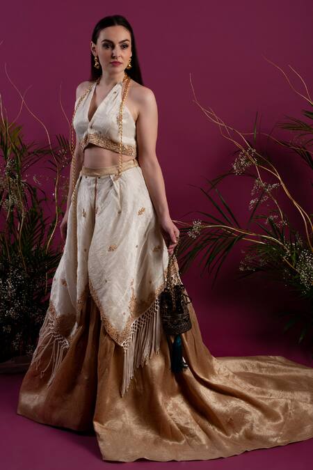 tara thakur_Ivory Organza Zari, Embroidery Halter Neck Layered Lehenga With Top _Online_at_Aza_Fashions