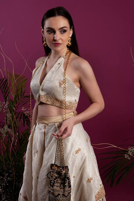 Buy_tara thakur_Ivory Organza Zari, Embroidery Halter Neck Layered Lehenga With Top _Online_at_Aza_Fashions