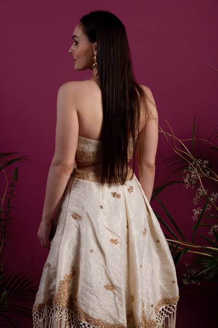 Shop_tara thakur_Ivory Organza Zari, Embroidery Halter Neck Layered Lehenga With Top _Online_at_Aza_Fashions