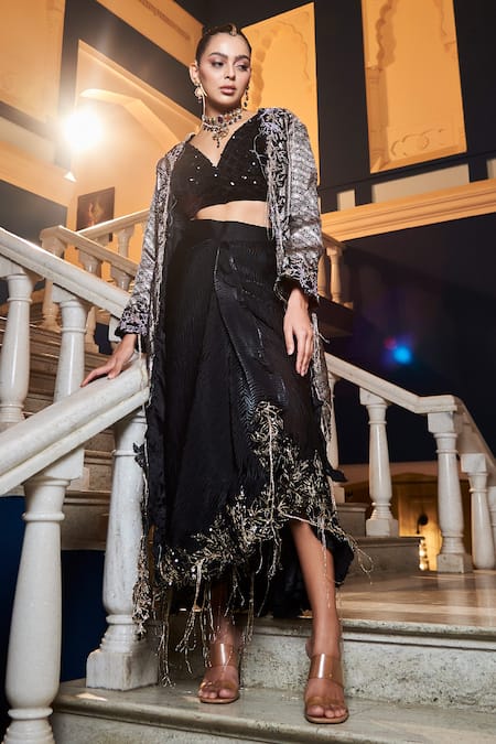tara thakur_Black Silk, Polyester Sequins V-, Open Embroidered Blouse Skirt Set _Online_at_Aza_Fashions
