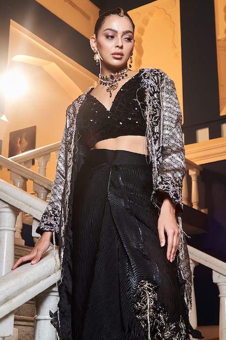 Buy_tara thakur_Black Silk, Polyester Sequins V-, Open Embroidered Blouse Skirt Set _Online_at_Aza_Fashions