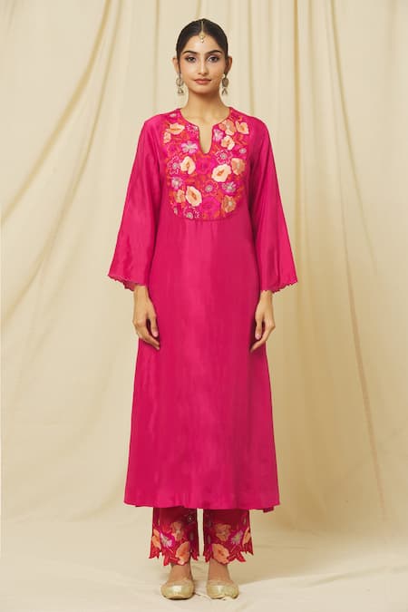 Omana By Ranjana Bothra Pink Tussar, Cotton, Organza Ameeta Rafflesia Bloom Yoke Kurta Trouser Set Online at Aza Fashions Omana By Ranjana Bothra_Pink Tussar, Cotton, Organza Ameeta Rafflesia Bloom Yoke Kurta Trouser Set _Online_at_Aza_Fashions