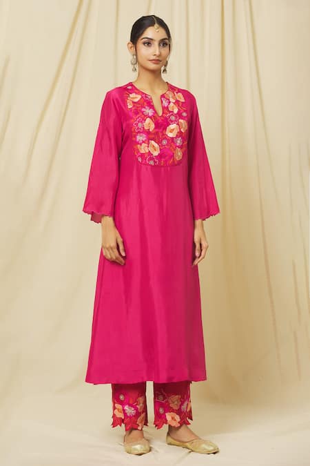 Buy Omana By Ranjana Bothra Pink Tussar, Cotton, Organza Ameeta Rafflesia Bloom Yoke Kurta Trouser Set Online at Aza Fashions Buy_Omana By Ranjana Bothra_Pink Tussar, Cotton, Organza Ameeta Rafflesia Bloom Yoke Kurta Trouser Set _Online_at_Aza_Fashions