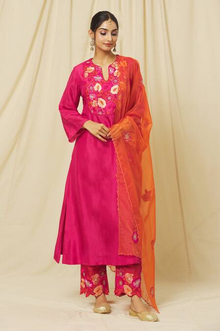 Omana By Ranjana Bothra Pink Tussar, Cotton, Organza Ameeta Rafflesia Bloom Yoke Kurta Trouser Set at Aza Fashions Omana By Ranjana Bothra_Pink Tussar, Cotton, Organza Ameeta Rafflesia Bloom Yoke Kurta Trouser Set _at_Aza_Fashions