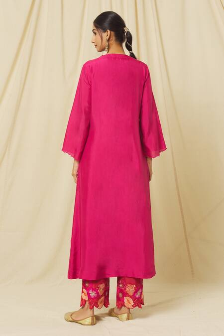 Shop Omana By Ranjana Bothra Pink Tussar, Cotton, Organza Ameeta Rafflesia Bloom Yoke Kurta Trouser Set at Aza Fashions Shop_Omana By Ranjana Bothra_Pink Tussar, Cotton, Organza Ameeta Rafflesia Bloom Yoke Kurta Trouser Set _at_Aza_Fashions