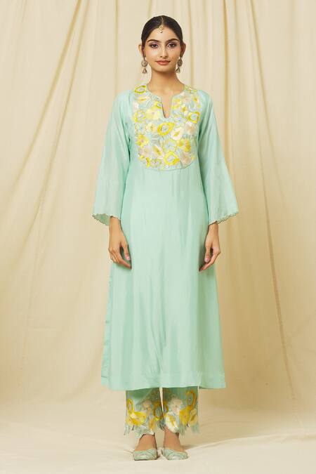 Omana By Ranjana Bothra Green Tussar, Cotton, Organza Embroidery Ameeta Bloom Yoke Kurta Trouser Set Online at Aza Fashions Omana By Ranjana Bothra_Green Tussar, Cotton, Organza Embroidery Ameeta Bloom Yoke Kurta Trouser Set _Online_at_Aza_Fashions