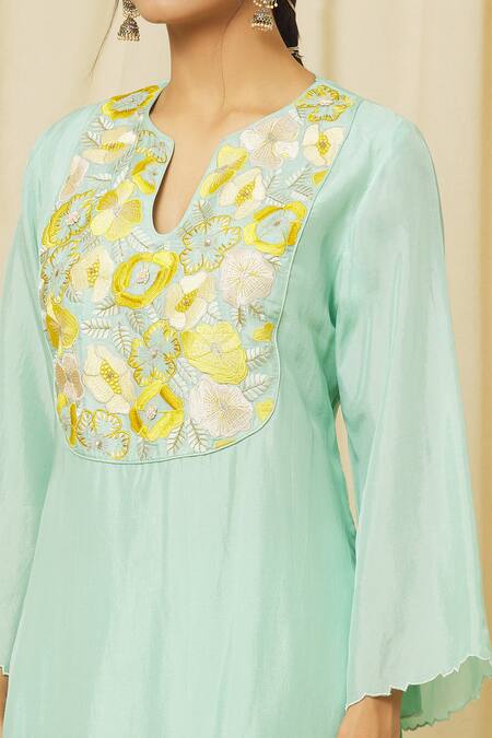 Buy Omana By Ranjana Bothra Green Tussar, Cotton, Organza Embroidery Ameeta Bloom Yoke Kurta Trouser Set Online at Aza Fashions Buy_Omana By Ranjana Bothra_Green Tussar, Cotton, Organza Embroidery Ameeta Bloom Yoke Kurta Trouser Set _Online_at_Aza_Fashions