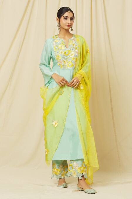 Shop Omana By Ranjana Bothra Green Tussar, Cotton, Organza Embroidery Ameeta Bloom Yoke Kurta Trouser Set Online at Aza Fashions Shop_Omana By Ranjana Bothra_Green Tussar, Cotton, Organza Embroidery Ameeta Bloom Yoke Kurta Trouser Set _Online_at_Aza_Fashions