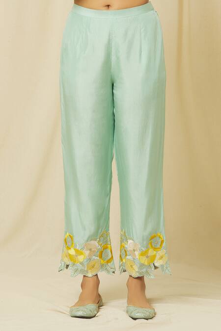 Omana By Ranjana Bothra Green Tussar, Cotton, Organza Embroidery Ameeta Bloom Yoke Kurta Trouser Set at Aza Fashions Omana By Ranjana Bothra_Green Tussar, Cotton, Organza Embroidery Ameeta Bloom Yoke Kurta Trouser Set _at_Aza_Fashions