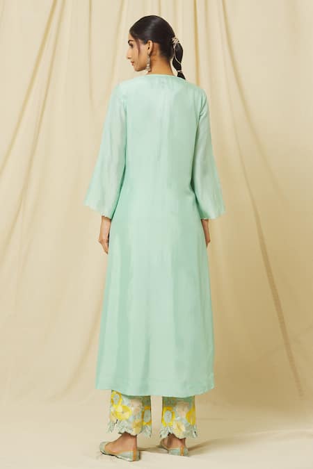 Shop Omana By Ranjana Bothra Green Tussar, Cotton, Organza Embroidery Ameeta Bloom Yoke Kurta Trouser Set at Aza Fashions Shop_Omana By Ranjana Bothra_Green Tussar, Cotton, Organza Embroidery Ameeta Bloom Yoke Kurta Trouser Set _at_Aza_Fashions