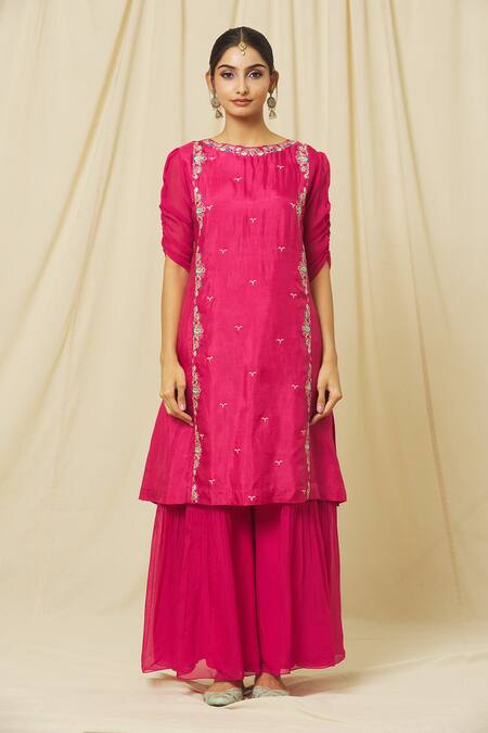 Omana By Ranjana Bothra Pink Tussar, Organza, Satin Firoza Zari Resham Bloom Kurta Sharara Set Online at Aza Fashions Omana By Ranjana Bothra_Pink Tussar, Organza, Satin Firoza Zari Resham Bloom Kurta Sharara Set _Online_at_Aza_Fashions
