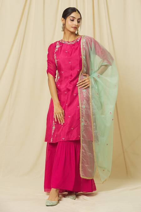 Buy Omana By Ranjana Bothra Pink Tussar, Organza, Satin Firoza Zari Resham Bloom Kurta Sharara Set Online at Aza Fashions Buy_Omana By Ranjana Bothra_Pink Tussar, Organza, Satin Firoza Zari Resham Bloom Kurta Sharara Set _Online_at_Aza_Fashions