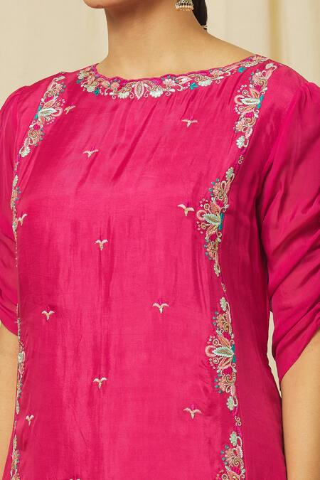 Shop Omana By Ranjana Bothra Pink Tussar, Organza, Satin Firoza Zari Resham Bloom Kurta Sharara Set Online at Aza Fashions Shop_Omana By Ranjana Bothra_Pink Tussar, Organza, Satin Firoza Zari Resham Bloom Kurta Sharara Set _Online_at_Aza_Fashions