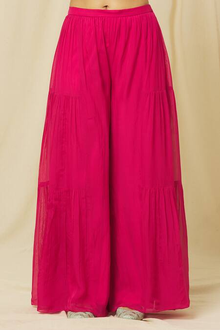 Omana By Ranjana Bothra Pink Tussar, Organza, Satin Firoza Zari Resham Bloom Kurta Sharara Set at Aza Fashions Omana By Ranjana Bothra_Pink Tussar, Organza, Satin Firoza Zari Resham Bloom Kurta Sharara Set _at_Aza_Fashions