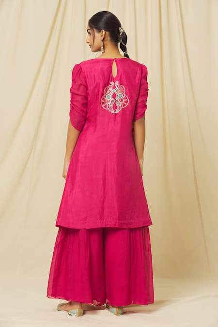 Shop Omana By Ranjana Bothra Pink Tussar, Organza, Satin Firoza Zari Resham Bloom Kurta Sharara Set at Aza Fashions Shop_Omana By Ranjana Bothra_Pink Tussar, Organza, Satin Firoza Zari Resham Bloom Kurta Sharara Set _at_Aza_Fashions