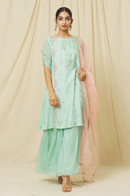 Omana By Ranjana Bothra_Green Tussar, Organza, Satin Firoza Zari Resham Blossom Kurta Sharara Set _Online_at_Aza_Fashions