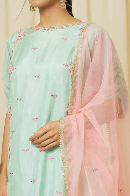 Buy_Omana By Ranjana Bothra_Green Tussar, Organza, Satin Firoza Zari Resham Blossom Kurta Sharara Set _Online_at_Aza_Fashions