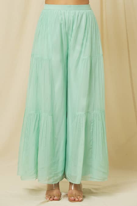 Shop_Omana By Ranjana Bothra_Green Tussar, Organza, Satin Firoza Zari Resham Blossom Kurta Sharara Set _Online_at_Aza_Fashions