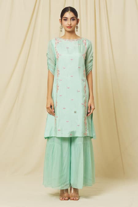 Omana By Ranjana Bothra_Green Tussar, Organza, Satin Firoza Zari Resham Blossom Kurta Sharara Set _at_Aza_Fashions