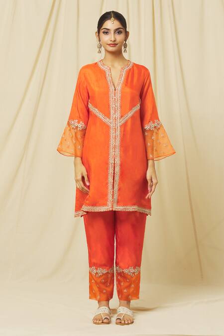 Omana By Ranjana Bothra Orange Tussar, Cotton, Organza Sequins, Nusrat Bloom Vine Marodi Kurta Pant Set Online at Aza Fashions Omana By Ranjana Bothra_Orange Tussar, Cotton, Organza Sequins, Nusrat Bloom Vine Marodi Kurta Pant Set _Online_at_Aza_Fashions
