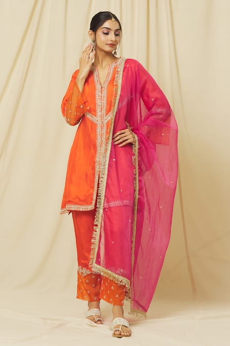 Buy Omana By Ranjana Bothra Orange Tussar, Cotton, Organza Sequins, Nusrat Bloom Vine Marodi Kurta Pant Set Online at Aza Fashions Buy_Omana By Ranjana Bothra_Orange Tussar, Cotton, Organza Sequins, Nusrat Bloom Vine Marodi Kurta Pant Set _Online_at_Aza_Fashions