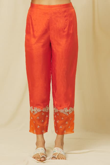 Omana By Ranjana Bothra Orange Tussar, Cotton, Organza Sequins, Nusrat Bloom Vine Marodi Kurta Pant Set at Aza Fashions Omana By Ranjana Bothra_Orange Tussar, Cotton, Organza Sequins, Nusrat Bloom Vine Marodi Kurta Pant Set _at_Aza_Fashions